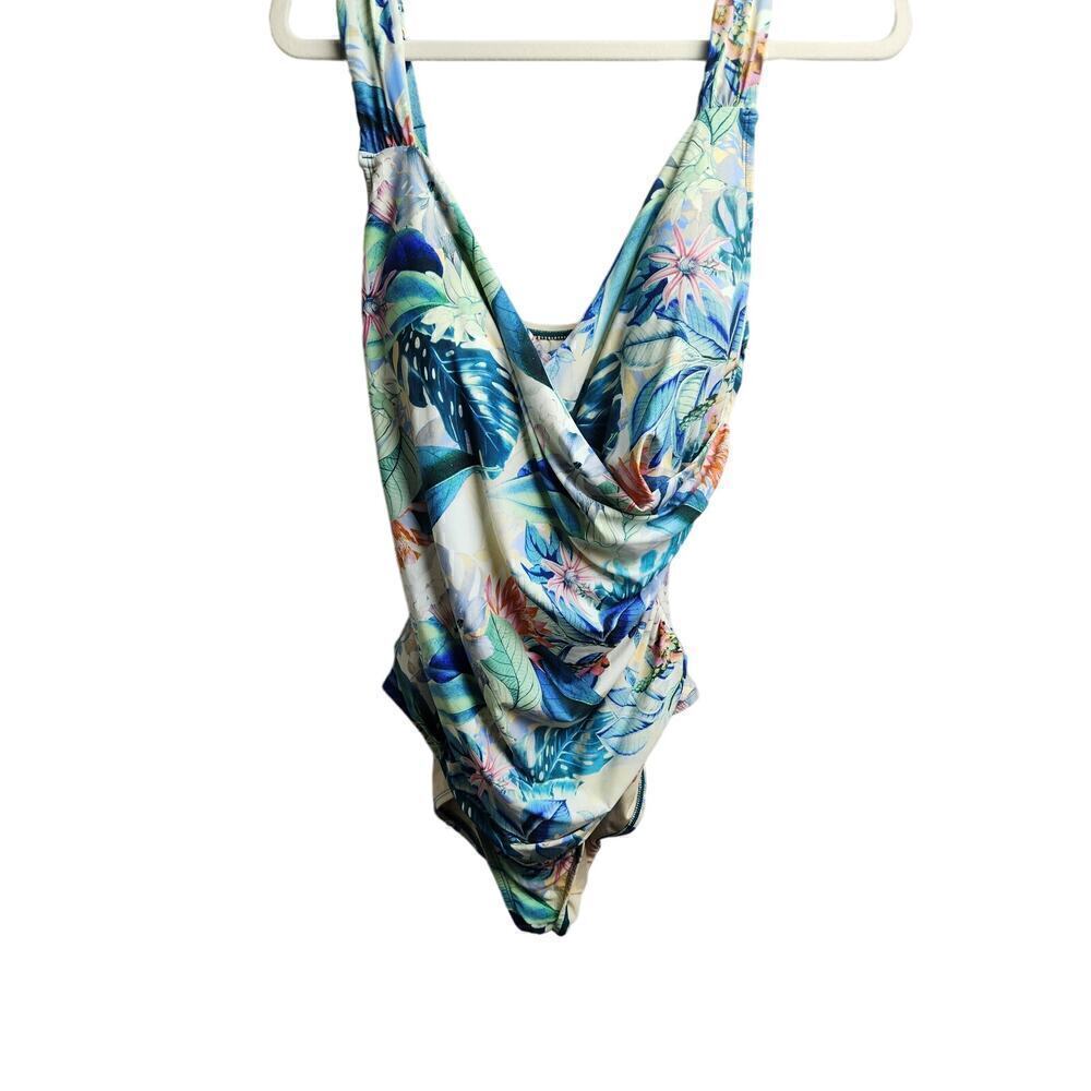 Jantzen ruched one piece swimsuit tropical print sz 16 built in bra beach summer